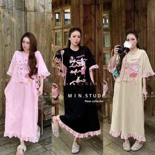 Bigsize Đầm thun form rộng dáng suông dài in hình dễ thương phối viền ren hồng 55-95kg D431