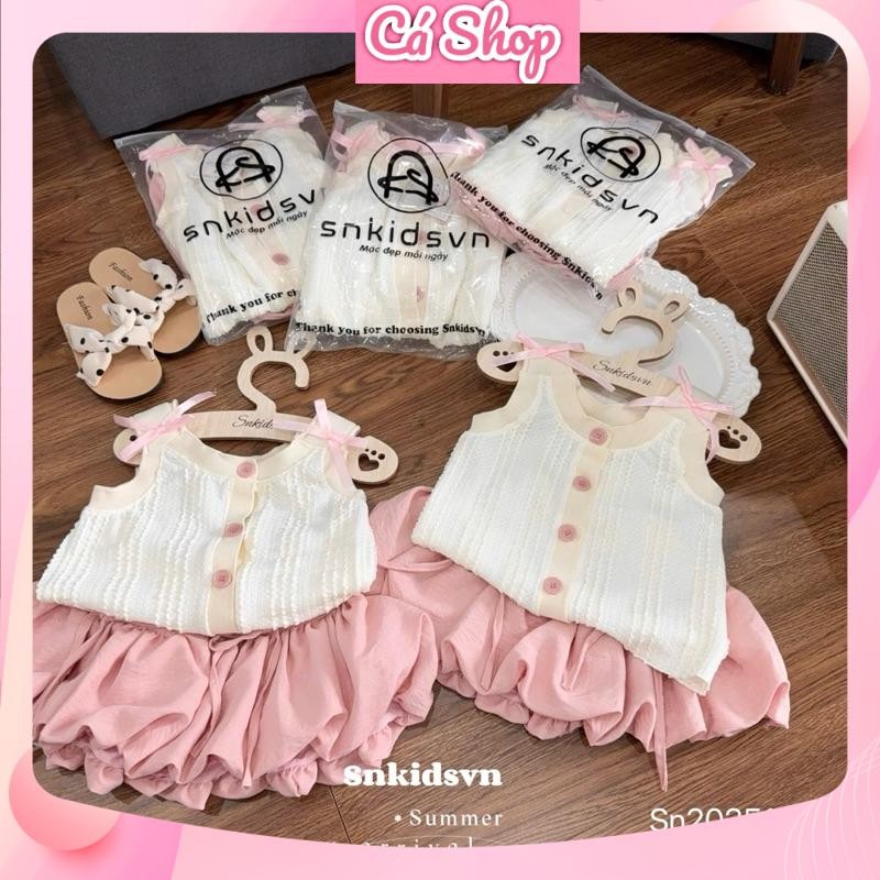 SN14, Set bộ bé gái, Set áo ren dệt cúc hồng chân váy bí cho bé gái