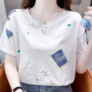 Áo thun nữ tay ngắn cổ tròn tối giản màu trắng, áo thun nữ thời trang in hình dáng rộng mới mùa hè