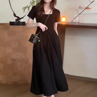 [Hàng có sẵn] Đầm cổ vuông phong cách Hepburn cỡ lớn dành cho nữ mùa hè béo mm Cover Bụng thon gọn hơn Váy dài màu đen