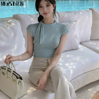 Áo thun nữ ngắn tay MUSHIQI, cổ cà vạt, áo thun ngắn tay trễ vai, áo thun ngắn tay màu trơn gợi cảm