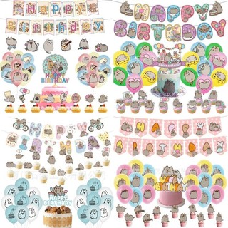 Pusheen Chủ Đề Hoạt Hình Sinh Nhật Bộ Mèo Béo Dễ Thương Bóng Biểu Ngữ Giấy Cốc Bánh Top Bộ Trang Trí