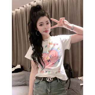 Mùa hè Phong Cách Mới Người Ảnh Hưởng Cùng Phong Cách Ngôi Sao Năm Cánh Tình Yêu Graffiti Áo Thun Tay Ngắn Mùa Hè Thời trang Phong Cách Niche Cổ Tròn Độc Đáo