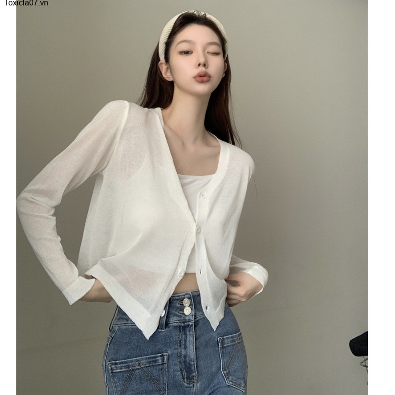 Toxicla07kie áo khoác, cardigan, len dài tay, Mi Croptop, cổ len, cổ chữ V, vải lụa, chống nắng, thời trang nữ