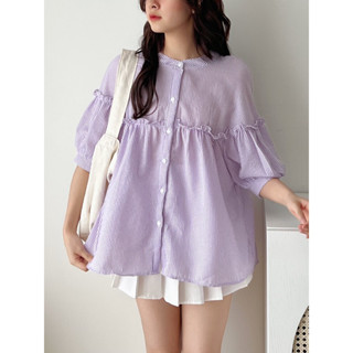 Áo kiểu babydoll tay ngắn phối bèo thiết kế tay phồng cổ trụ thời trang hàn quốc sang trọng- A199