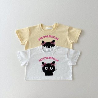 Mùa hè phiên bản hàn quốc trung nhỏ trẻ em bé gái top mỏng cotton dễ thương chữ mèo phiên bản ngắn tay áo thun i2eq