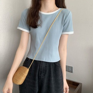 Áo thun ngắn tay cổ tròn bằng lụa băng mùa hè dành cho nữ Phong cách mới Slim-fit Thời trang đơn giản Slimer Nhìn tương phản Màu sắc phù hợp với mọi trận đấu Top ins Hợp thời trang