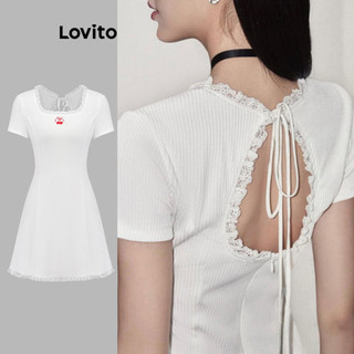 Đầm Lovito xẻ tà sau lưng phối ren màu trơn phong cách dễ thương cho nữ L80ED457