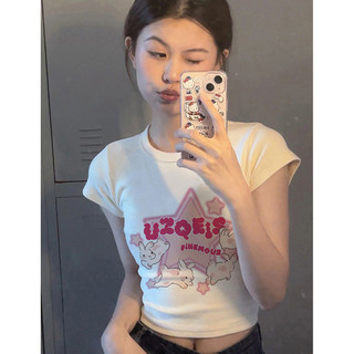 Áo baby tee Áo Thun ôm body Áo y2k Áo thun ngắn tay in hình màu trắng mỏng vừa vặn cho nữ mùa hè