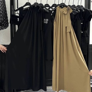 Váy dây màu đen Váy dài dáng rộng phong cách ngày lễ dành cho nữ