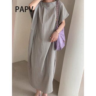 Thiết kế xếp ly cổ tròn sang trọng Papv Váy ngắn tay dáng rộng 2789