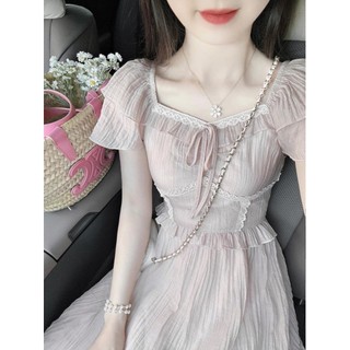 Váy Liền Tay Bay Nhỏ Cổ Vuông Màu Hồng Kiểu Pháp Váy Dài Thắt Eo Mẫu Mới Mùa Hè Cho Nữ
