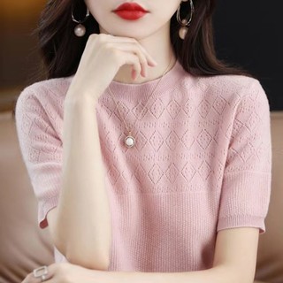 Phiên Bản Hàn Quốc Mùa Hè Phong Cách Mới Nữ Cổ Tròn Nửa Tay Mỏng Phong Cách Rỗng Áo Thun Ngắn Top