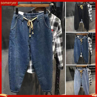 [Someryer] Quần jean nam Harem eo co giãn Dây rút có thể điều chỉnh Nút dây kéo Quần Denim bay có túi Quần Hip Hop ống rộng màu trơn