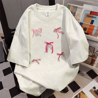 SALMO Áo phông nữ xám ghi cổ tròn áo thun nơ in hình cute fashion 100% cotton local brand Y1306