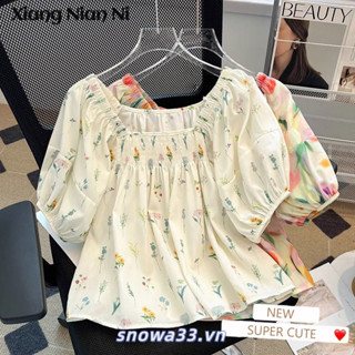 Xiang Nian Ni Nữ Mùa Hè Mới Nhẹ Nhàng Phong Cách Thanh Lịch In Hình Áo Sơ Mi Pháp Cổ Vuông Áo Sơ Mi Tay Phồng