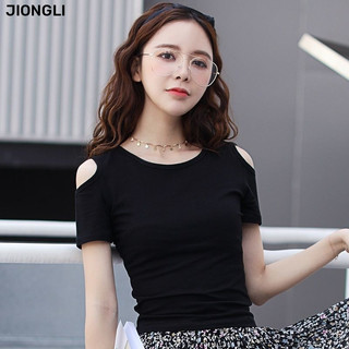N771 Áo thun lệch vai ngắn tay mới dành cho nữ Áo thun lệch vai màu trơn Slim Fit Áo thun cổ tròn đa năng phong cách Hàn Quốc thời trang
