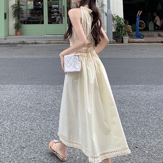 Yuewen Lưng Rỗng Viền Sling Dây Đầm Nữ Mùa Hè Pháp Đi Biển Kỳ Nghỉ Nẹp Eo Ôm Hơn Nhìn Không Tay Váy Dài