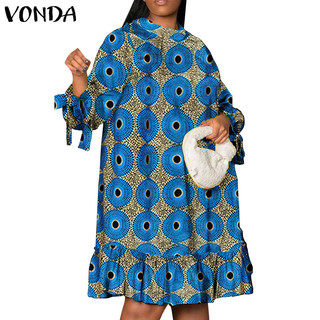 Vonda Nữ Vintage Cổ Tròn Tay Phồng In Hình Váy Thường Ngày