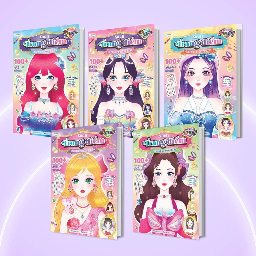 Sách Combo trang điểm công chúa Hàn Quốc Myra, Yuna, Jenny, Hana, Sunny (5 cuốn) (Tô màu và bóc dán 