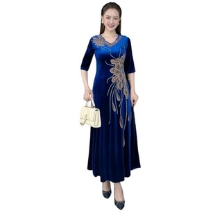 Váy, Đầm dạ hội trung niên  vải nhung tuyết cổ lượn sóng nạm đá hoa mai ép đá size lớn 75kg, Đầm nhung trung niên