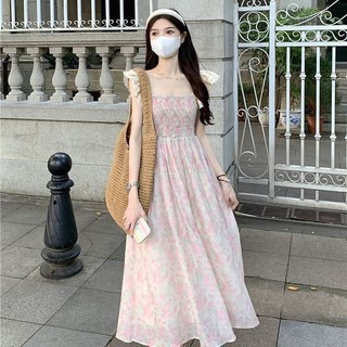 Váy Liền Tay Bay Kiểu Pháp Màu Hồng Mẫu Mới Mùa Hè Váy Dài Ngọt Ngào Cạp Cao Của Nữ Mori Váy Hoa Nhỏ Thon Gọn