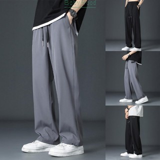 Casual men's wide leg pants solid color loose fit trousers cool ice silk fabric#bbhood