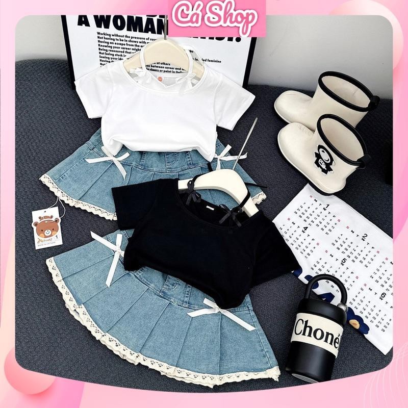 Set áo cotton CS113 kèm chân váy jean nơ cho bé gái