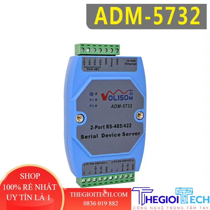 ADM-5732 Máy chủ cổng nối tiếp 2 kênh 485 công nghiệp 2 cổng RS485/422 sang Ethernet cài ray - no adaptor