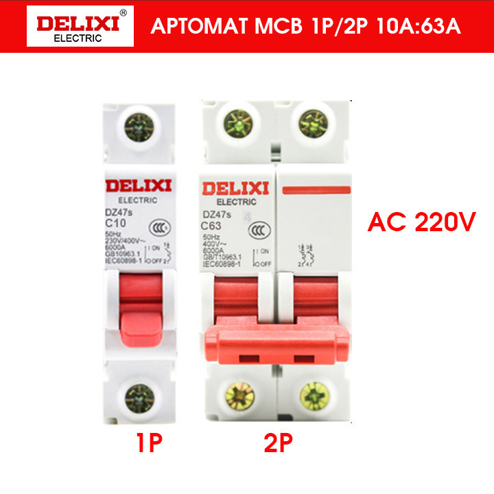 Át 1P 2P 63A 220V DELIXI aptomat chint át cài ray Aptomat mcb 2p DELIXI, át tô mát, 10A 16A 20A 25A 
