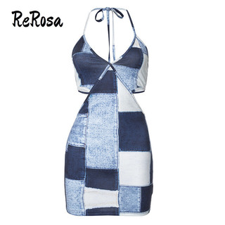 Rerosa Nữ Mini Đầm 2024 Thời Trang Denim In Dây Gợi Cảm Không Lưng Nhân Quả