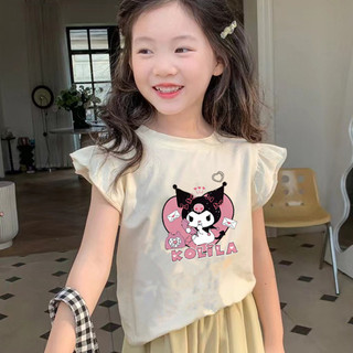 Áo thun ngắn tay bé gái tay bay nhỏ phiên bản Hàn Quốc Hoạt hình mùa hè Quần áo Cotton nguyên chất thời trang trẻ em