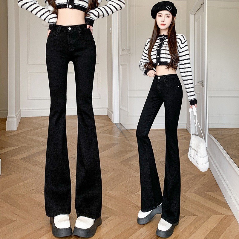 Quần Jean Ống Loe Nữ Cạp Cao Tôn Dáng Ôm Eo, Quần Bò Nữ Ống Loe Trơn May Gấu Chất Vải Co Giãn Nhẹ | BigBuy360 - bigbuy360.vn