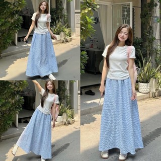 Áo thun trắng kèm chân váy kẻ caro xanh dáng dài chữ A dễ thương đi chơi đi biển, Sét váy nàng thơ xinh xắn hàn quốc,EYE