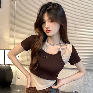Mùa Hè Mới Nguyên Chất Lust Phong Cách Không Đều Giả Hai Mảnh Vai Phải Áo Thun Nữ Giảm Béo Ngắn Hot Girl Top