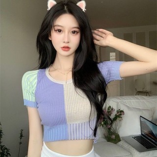Áo thun ngắn tay mới nữ phiên bản Hàn Quốc eo cao ôm bụng mùa hè gia vị bé gái ngắn dệt kim hàng đầu nữ NZ-TX-671
