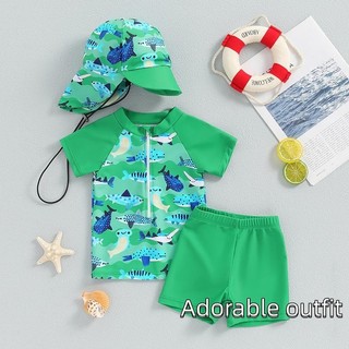 Bộ đồ bơi bé trai mùa hè in hình cá mập tay ngắn rash guard và bơi trunks và mũ đồ bơi đi biển