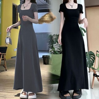 Váy ngắn tay cổ vuông Yuewen dành cho nữ màu xám Slim-fit Váy dài kỳ nghỉ eo hẹp