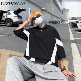 Yazhiniao nam tay ngắn mỹ retro sọc in hình áo thun có mũ trùm đầu hợp thời trang
