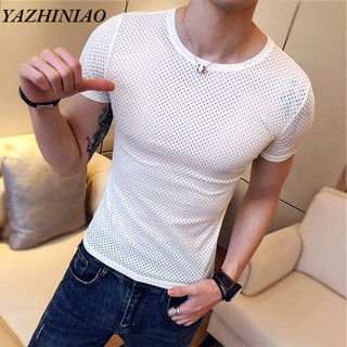 Yazhiniao nam tay ngắn phiên bản Hàn Quốc của áo thun lưới lụa băng cơ bản hàng ngày rỗng nhanh khô thoáng khí