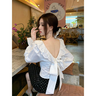 Yuewen Pháp Dây Nơ Áo Sơ Mi Trắng Nữ Mùa Xuân Xù Áo Sơ Mi Dài Tay Sang Trọng Ngắn Top