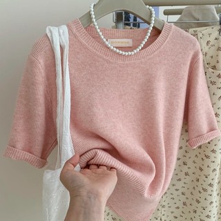 Mùa hè Phong Cách Mới Nữ Đơn Giản Cổ Tròn Rời Ôm Hơn Áo Thun Dệt Kim Ngắn @ -