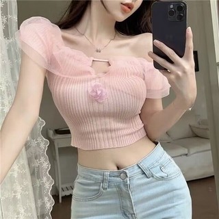 Áo sơ mi dệt kim vai lưới kiểu Pháp gợi cảm thời trang mùa hè dành cho nữ
