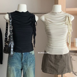 Áo Ba Lỗ Ôm Sát Cổ Cao Xếp Ly Thắt Eo Lưới Cảm Giác Thiết Kế Không Tay Cho Nữ