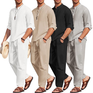 Set Đồ Đi Biển 2 Món Gồm Áo Sơ Mi Tay Dài Và Quần Dài Có Túi Bằng Vải Lanh Cotton Thời Trang Mùa Hè Cho Nam
