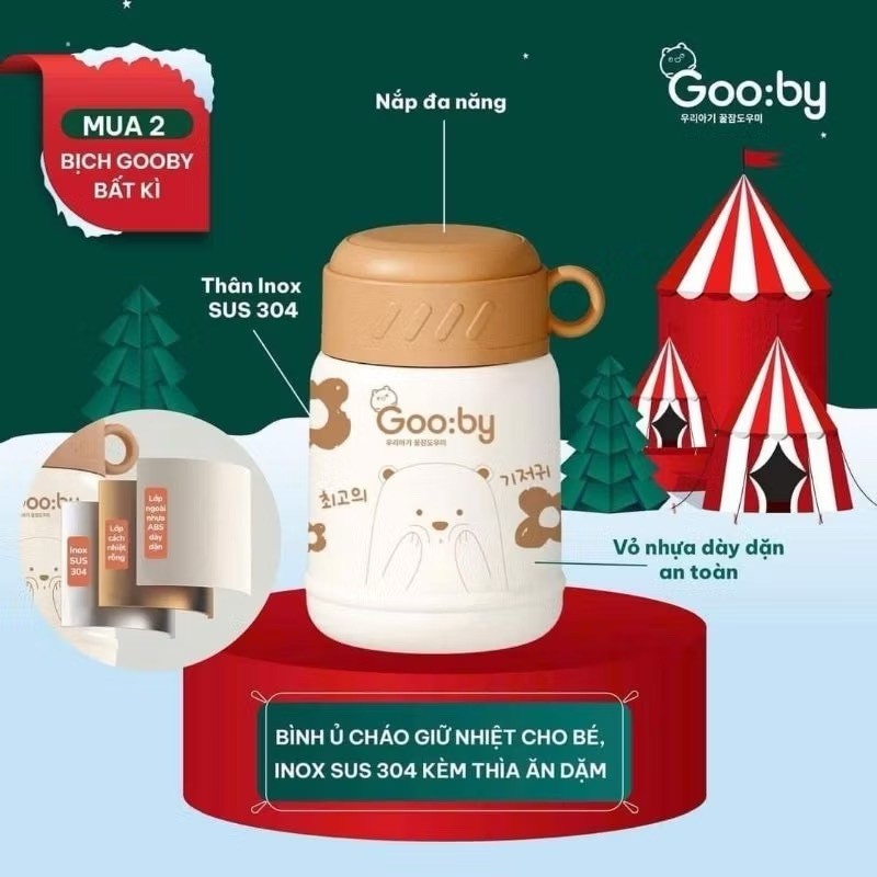 Bình ủ cháo giữ nhiệt Gooby cho bé, inox sus 304 kèm thìa ăn dặm