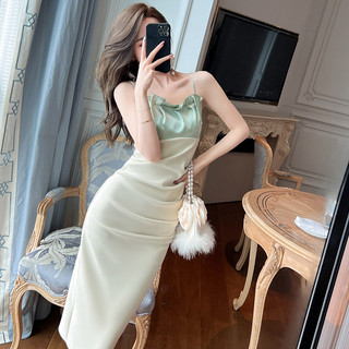 Mùa Hè 2024 Mới Tinh Khiết Desire Phong Cách Xếp Ly Tương Phản Màu Khâu Ôm Vừa Vặn Sling Dài Hông Đầm Nữ 6254