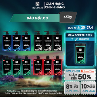Combo 3 Dầu gội nam Romano hương nước hoa Classic/ Force/ Attitude/ Gentleman 650g/chai - 4 mùi hương có sẵn
