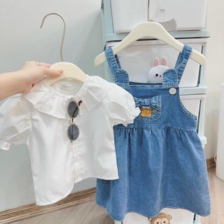 Sét yếm bò bé gái phối áo sơ mi tay bồng chất bò mềm mặc hè cho bé gái