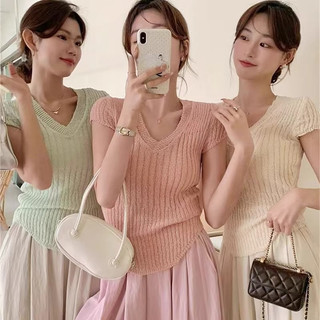 Áo thun dệt kim cổ chữ V màu kẹo mùa hè Áo thun ngắn tay vừa vặn